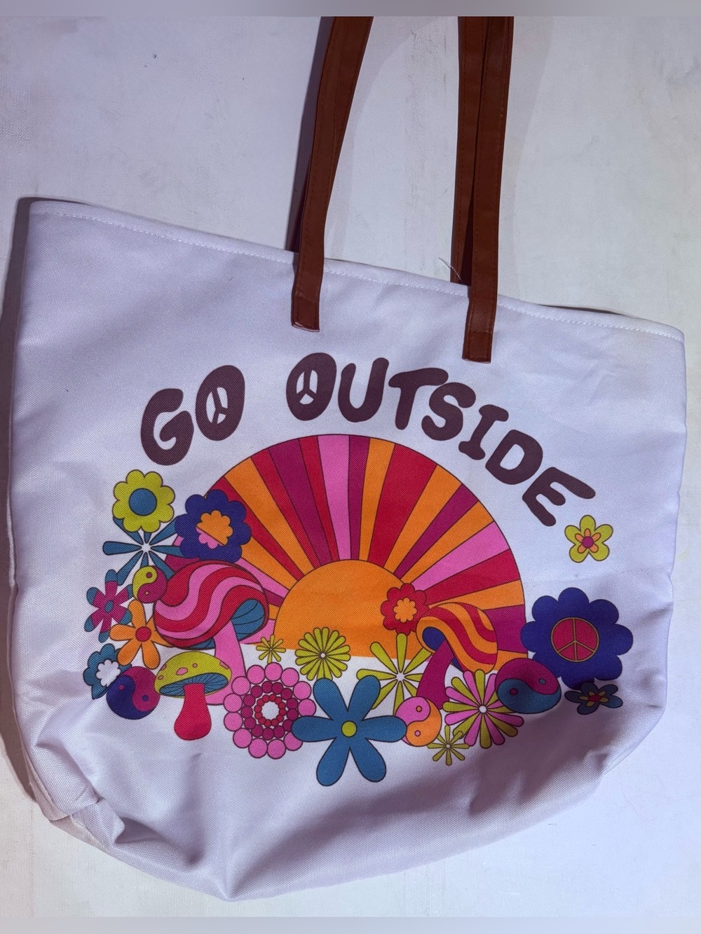 White Graphic 'Go Outside' Tote Bag with Brown Handles